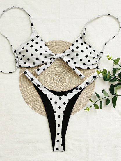 Women's Polka Dot Print Spaghetti Strap Bikini Set, Suitable For Christmas, New Year And Other Important Occasions, Elegant Beach Vacation Swimwear Two Pieces Set For Summer