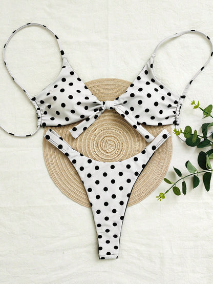 Women's Polka Dot Print Spaghetti Strap Bikini Set, Suitable For Christmas, New Year And Other Important Occasions, Elegant Beach Vacation Swimwear Two Pieces Set For Summer