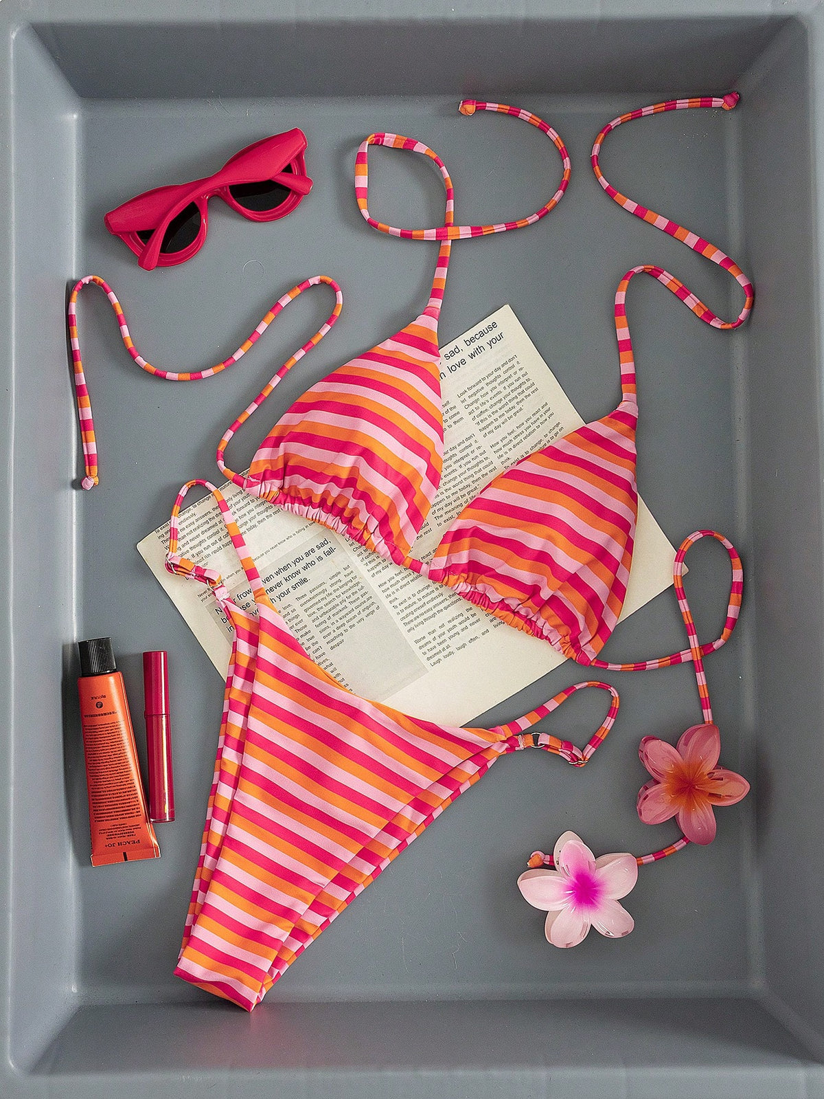 Women's Printed Halter Neck Tie Two Pieces Swimsuit: Sexy, Fashionable, Elegant, Pure Desire Style, Young, Casual, Romantic Summer, Vacationcore