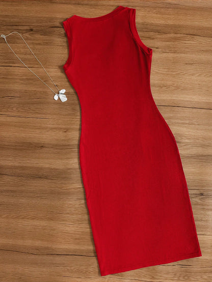 Women's Red Elegant Casual Knit Slit Bodycon Dress, Suitable For Valentine's Day, Vacation, Wedding, Birthday Party, Date, Spring/Summer