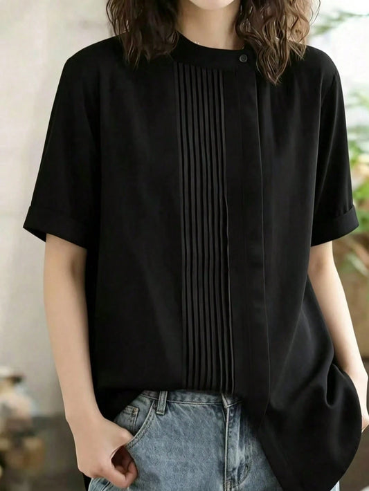 Women's Regular Fit Pleated Woven Short Sleeve Round Neck Blouse In Black Summer