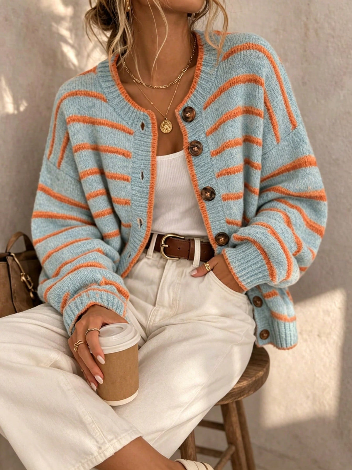Women's Round Neck Single-Breasted Contrast Blue & Orange Striped Knit Long Sleeve Cardigan, Loose Casual Fashion Versatile Sweater Jacket, Soft Vintage Style Outerwear Top For Autumn/Winter