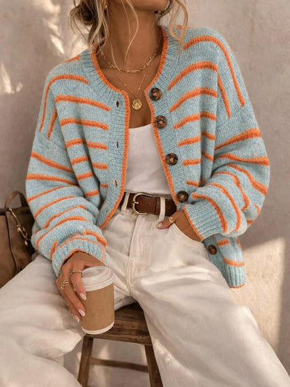 Women's Round Neck Single-Breasted Contrast Blue & Orange Striped Knit Long Sleeve Cardigan, Loose Casual Fashion Versatile Sweater Jacket, Soft Vintage Style Outerwear Top For Autumn/Winter