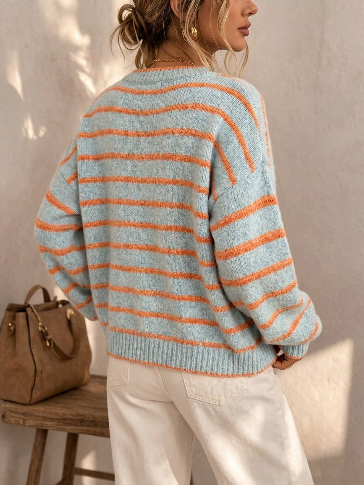 Women's Round Neck Single-Breasted Contrast Blue & Orange Striped Knit Long Sleeve Cardigan, Loose Casual Fashion Versatile Sweater Jacket, Soft Vintage Style Outerwear Top For Autumn/Winter