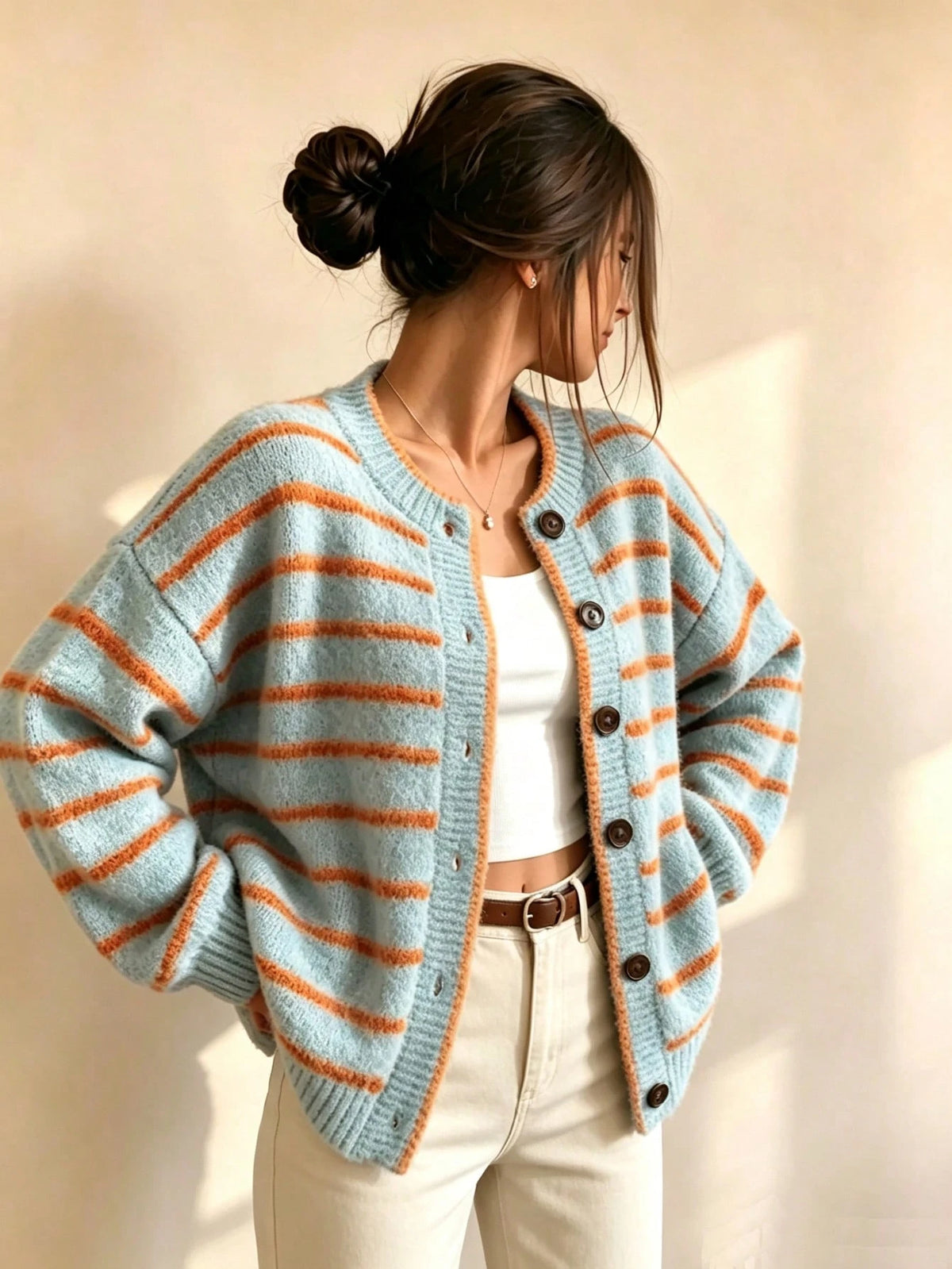 Women's Round Neck Single-Breasted Contrast Blue & Orange Striped Knit Long Sleeve Cardigan, Loose Casual Fashion Versatile Sweater Jacket, Soft Vintage Style Outerwear Top For Autumn/Winter