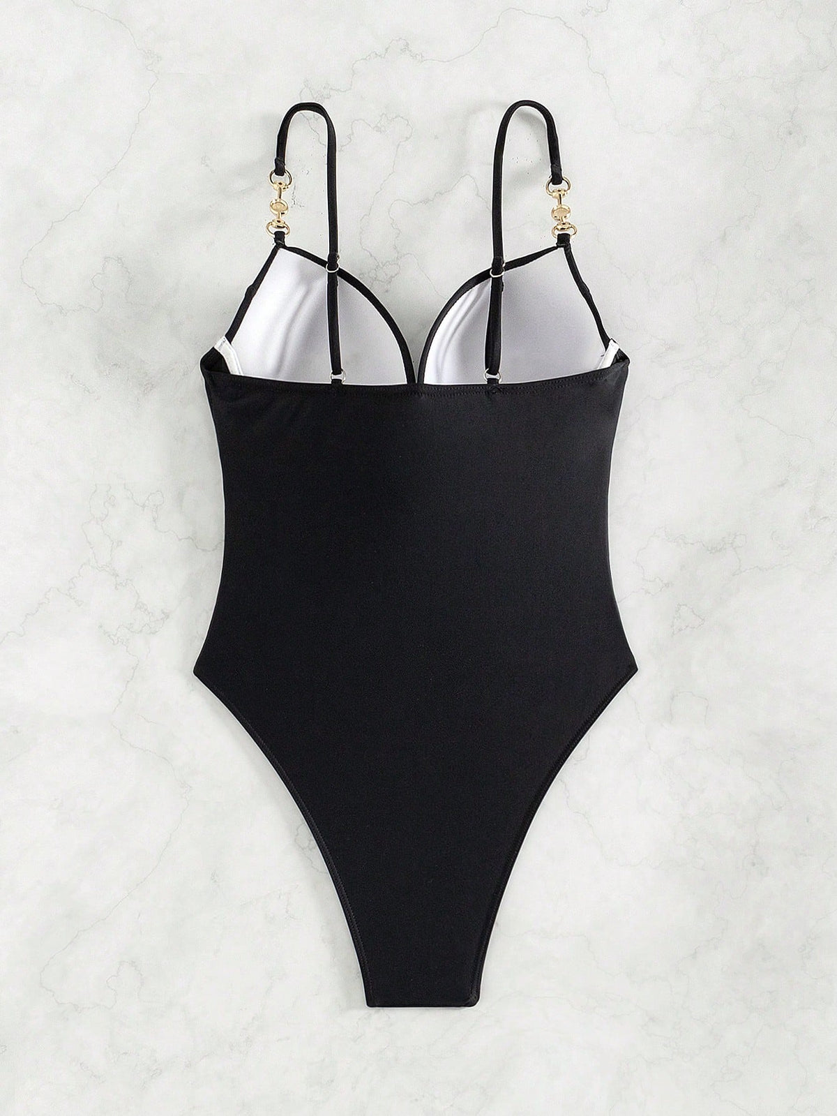 Women's Ruched Tummy Control One-Piece Swimsuit With Chain Shoulder Straps, For Summer Beach Swimwear