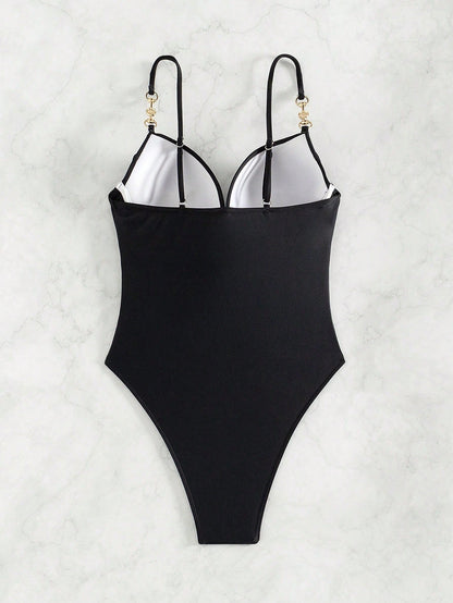 Women's Ruched Tummy Control One-Piece Swimsuit With Chain Shoulder Straps, For Summer Beach Swimwear