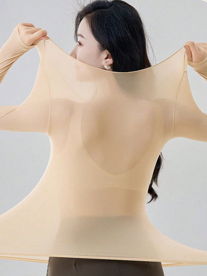 Women's Seamless Ultra-Thin Warm Long Sleeve Crew Neck Base Layer Top, Lightweight Autumn/Winter Layering Shirt