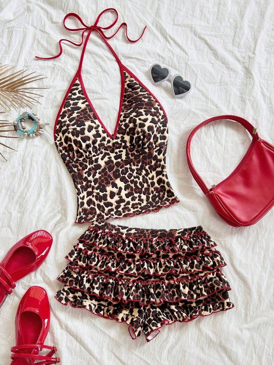 Women's Sexy Leopard Print Halter Top And Shorts 2 Pieces Set, Summer,Women's Summer Set