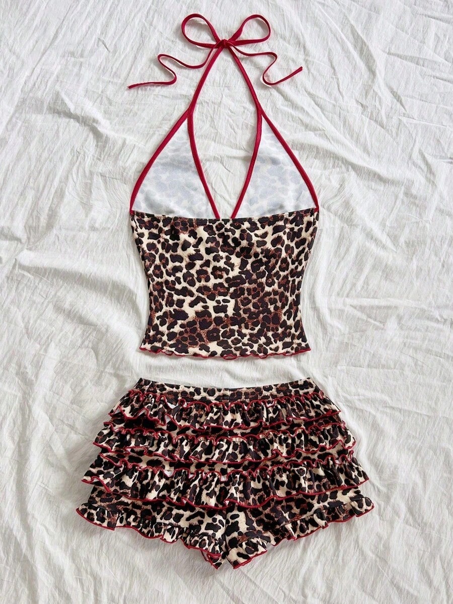 Women's Sexy Leopard Print Halter Top And Shorts 2 Pieces Set, Summer,Women's Summer Set