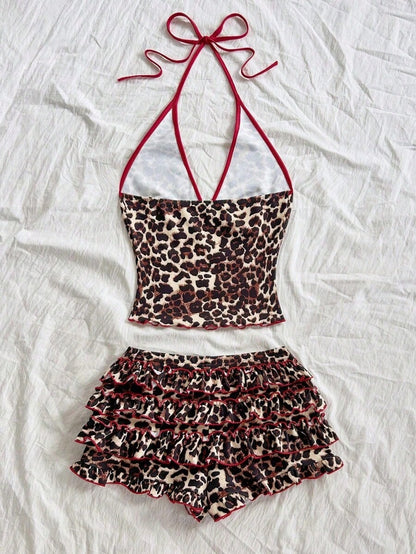 Women's Sexy Leopard Print Halter Top And Shorts 2 Pieces Set, Summer,Women's Summer Set