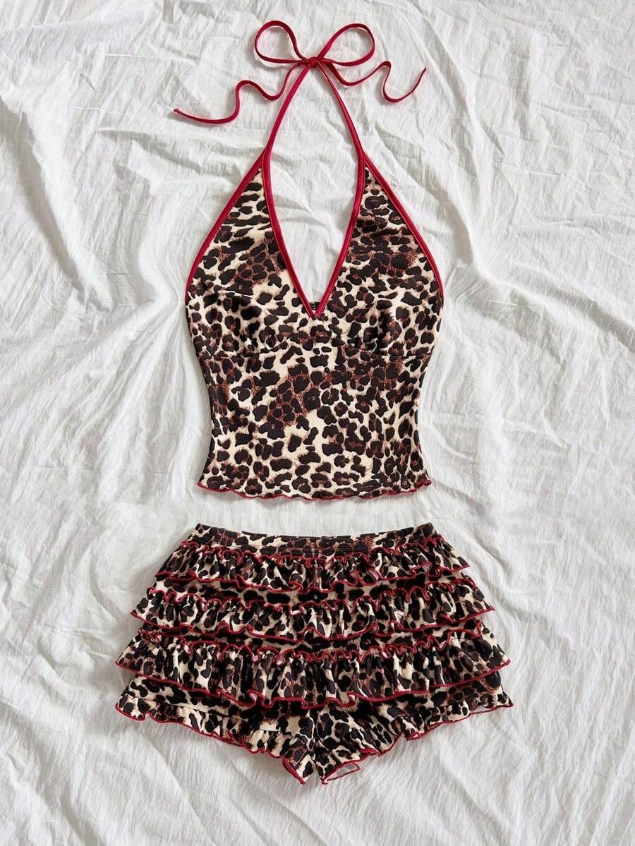 Women's Sexy Leopard Print Halter Top And Shorts 2 Pieces Set, Summer,Women's Summer Set