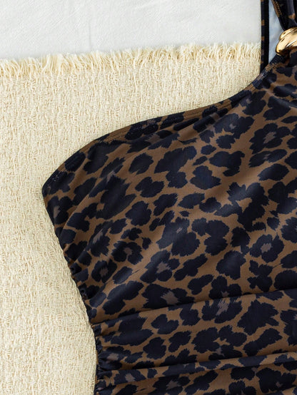 Women's Sexy One-Shoulder Leopard Print Metal Decor Patchwork One-Piece Swimsuit Vacation Beach Summer