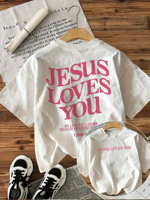Women's Short Sleeve Crew Neck T-Shirt- Front & Back Print JESUS LOVES YOU & John 419 Scripture, White With Pink Lettering, Casual Christian Faith-Based Apparel, Machine Washable, Everyday Comfort, B