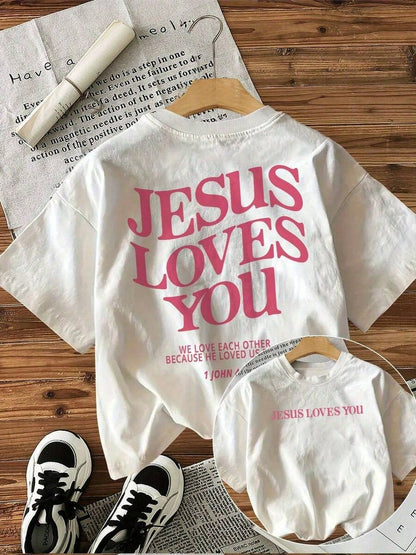 Women's Short Sleeve Crew Neck T-Shirt- Front & Back Print JESUS LOVES YOU & John 419 Scripture, White With Pink Lettering, Casual Christian Faith-Based Apparel, Machine Washable, Everyday Comfort, B