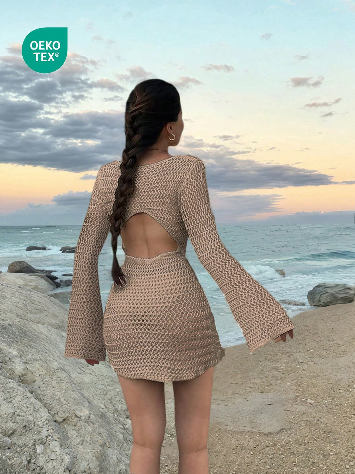 Women's Solid Color Sexy Hollow See-Through Backless Design Long Sleeve Cover Up Crop Dress, Suitable For Beach Vacation, Spring/Summer