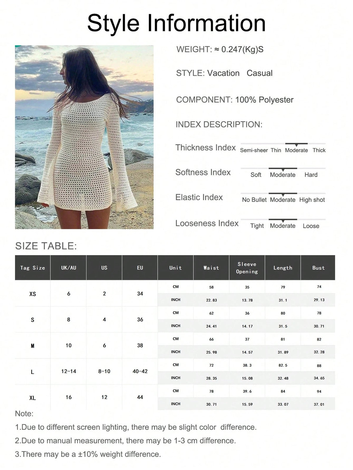 Women's Solid Color Sexy Hollow See-Through Backless Design Long Sleeve Cover Up Crop Dress, Suitable For Beach Vacation, Spring/Summer