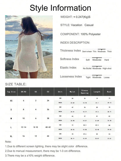 Women's Solid Color Sexy Hollow See-Through Backless Design Long Sleeve Cover Up Crop Dress, Suitable For Beach Vacation, Spring/Summer