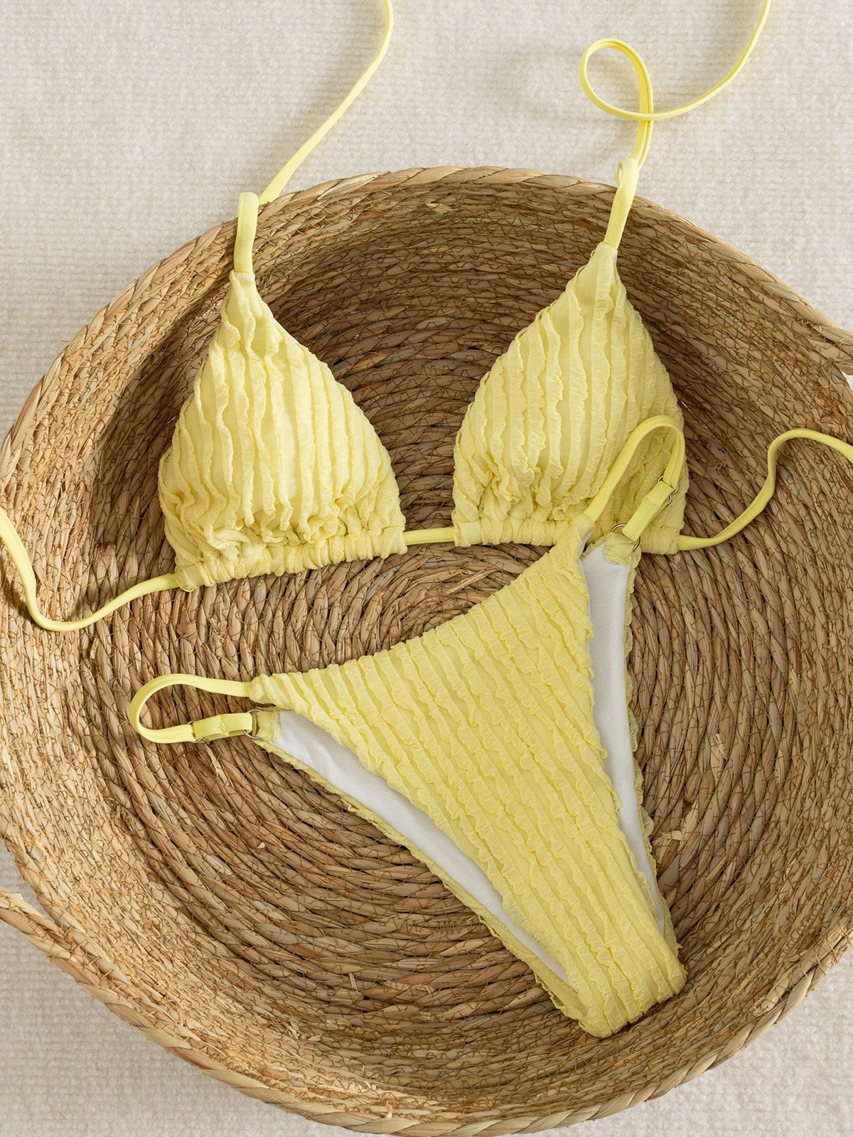 Women's Special Jacquard Fabric Triangle Neck Bikini 2 Pieces Set Suitable For Summer Island Vacation Wear Yellow