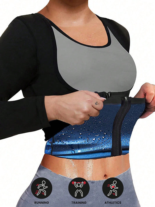 Women's Sports Outdoor Sauna Suit, Body Shaping Top, Thermal Waist Cincher Long Sleeve Zipper Top, Sports Top, Body Shaping Garment, Waist Belt, Fitness Accessories