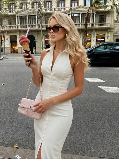 Women's Spring Summer Autumn Elegant Fashion Vacation Style Solid Color Halter Neck High Slit Single-Breasted Long Bodycon Maxi Dress, Elegant Lapel Cardigan Sexy Slim Fit Solid Color Long Dress, Wedd