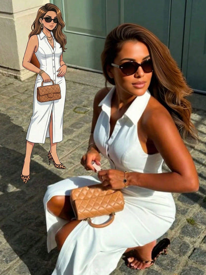 Women's Spring Summer Autumn Elegant Fashion Vacation Style Solid Color Halter Neck High Slit Single-Breasted Long Bodycon Maxi Dress, Elegant Lapel Cardigan Sexy Slim Fit Solid Color Long Dress, Wedd