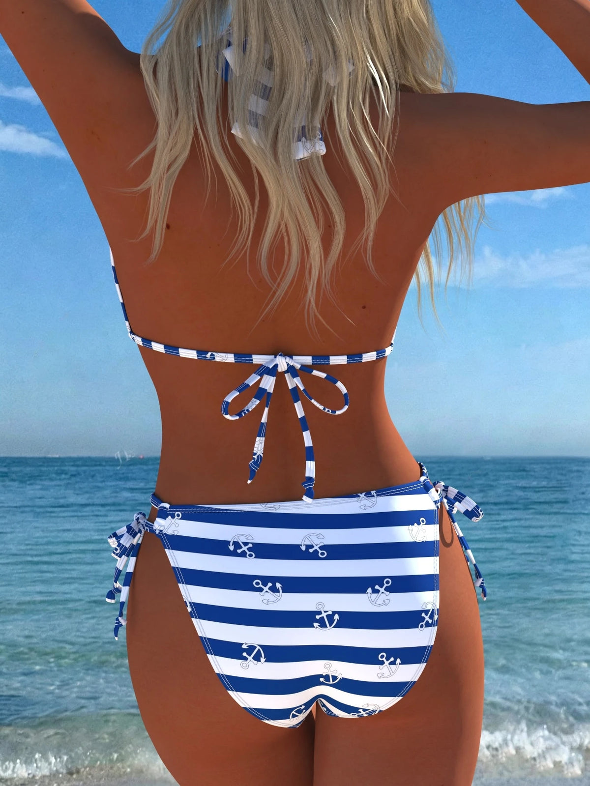 Women's Striped Anchor Pattern Bikini Set Halter Top With Tie-Side Bottoms, 2-Piece Swimwear, High Waisted Bikini Vacation Summer Beach