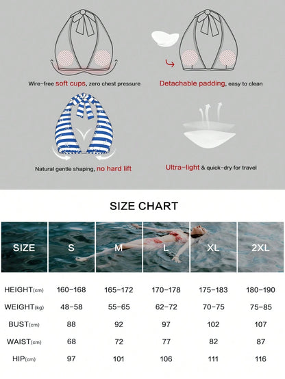 Women's Striped Anchor Pattern Bikini Set Halter Top With Tie-Side Bottoms, 2-Piece Swimwear, High Waisted Bikini Vacation Summer Beach