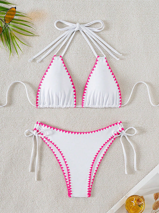 Women's Summer Beach Patchwork Halter Tie Sexy Bikini And Triangle Briefs Swimwear Set Vacation