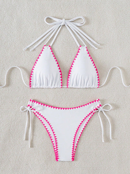 Women's Summer Beach Patchwork Halter Tie Sexy Bikini And Triangle Briefs Swimwear Set Vacation