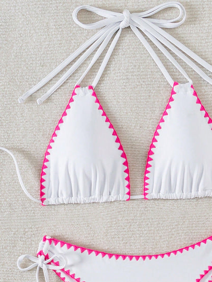Women's Summer Beach Patchwork Halter Tie Sexy Bikini And Triangle Briefs Swimwear Set Vacation