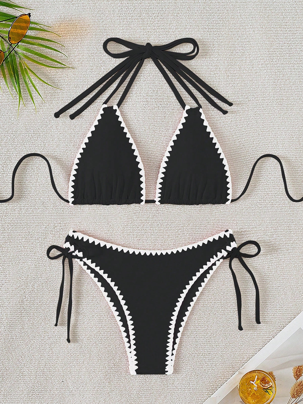 Women's Summer Beach Patchwork Halter Tie Sexy Bikini And Triangle Briefs Swimwear Set Vacation