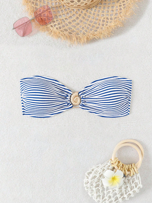 Women's Summer Beach Striped Tie-Up Bikini Top, European And American Popular Swimwear Vacation