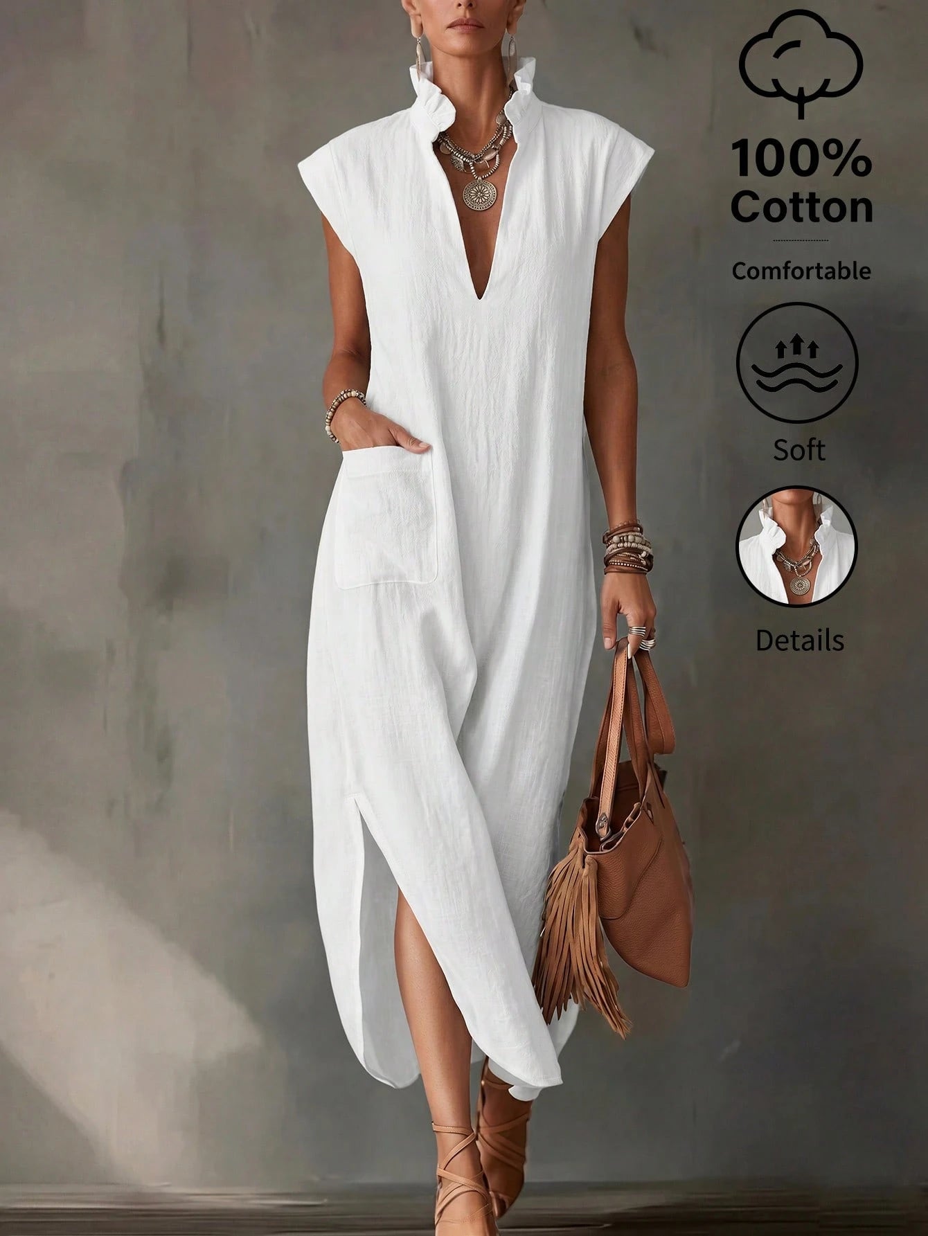 Women's Summer Pure Cotton White V-Neck Bud Collar Long Dress, Elegant Casual Dress, Holiday Vacation Outfit, Beach Cover-Up