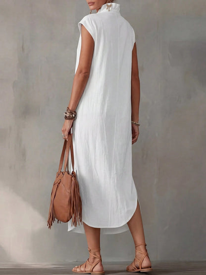 Women's Summer Pure Cotton White V-Neck Bud Collar Long Dress, Elegant Casual Dress, Holiday Vacation Outfit, Beach Cover-Up