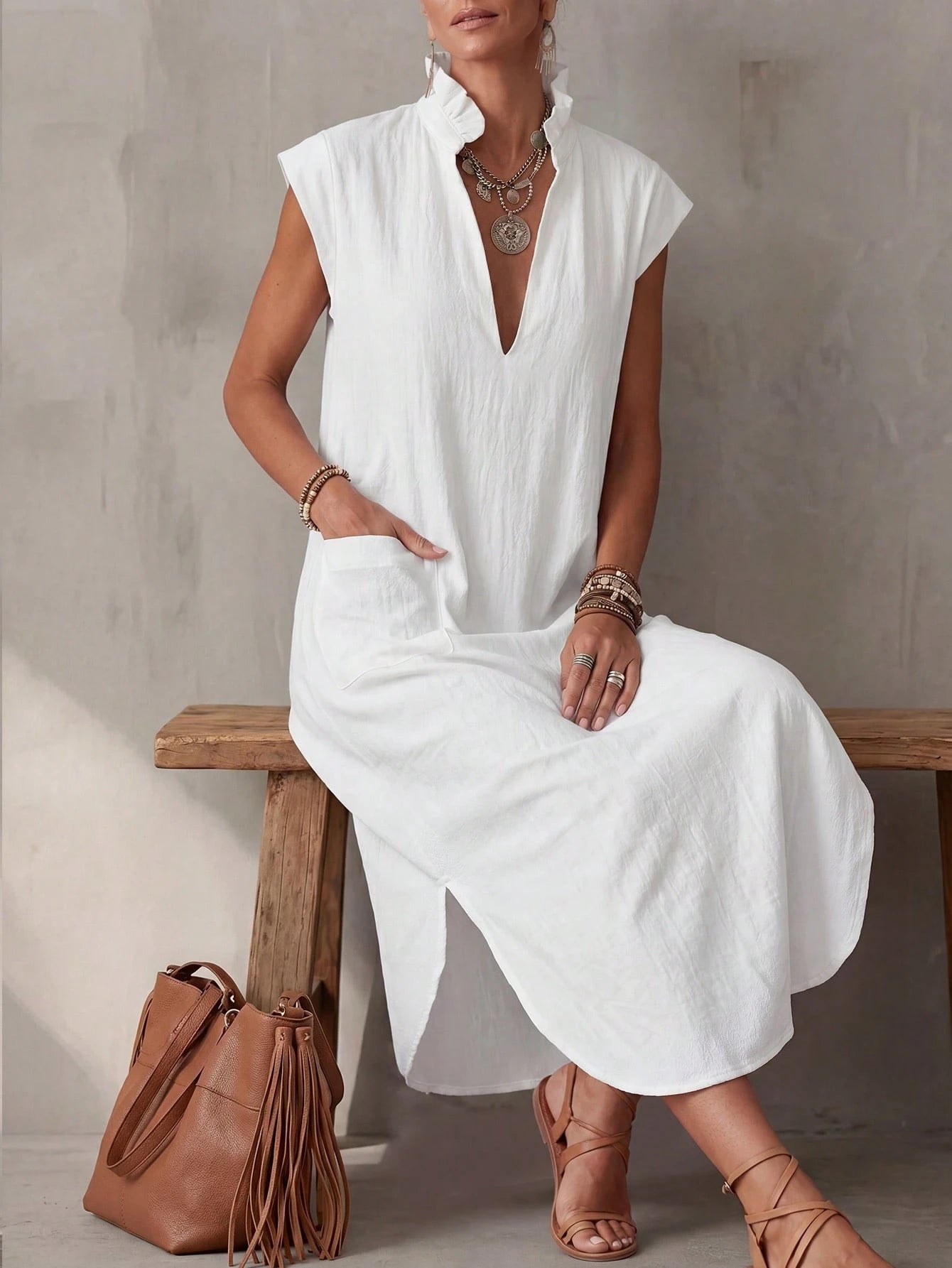 Women's Summer Pure Cotton White V-Neck Bud Collar Long Dress, Elegant Casual Dress, Holiday Vacation Outfit, Beach Cover-Up