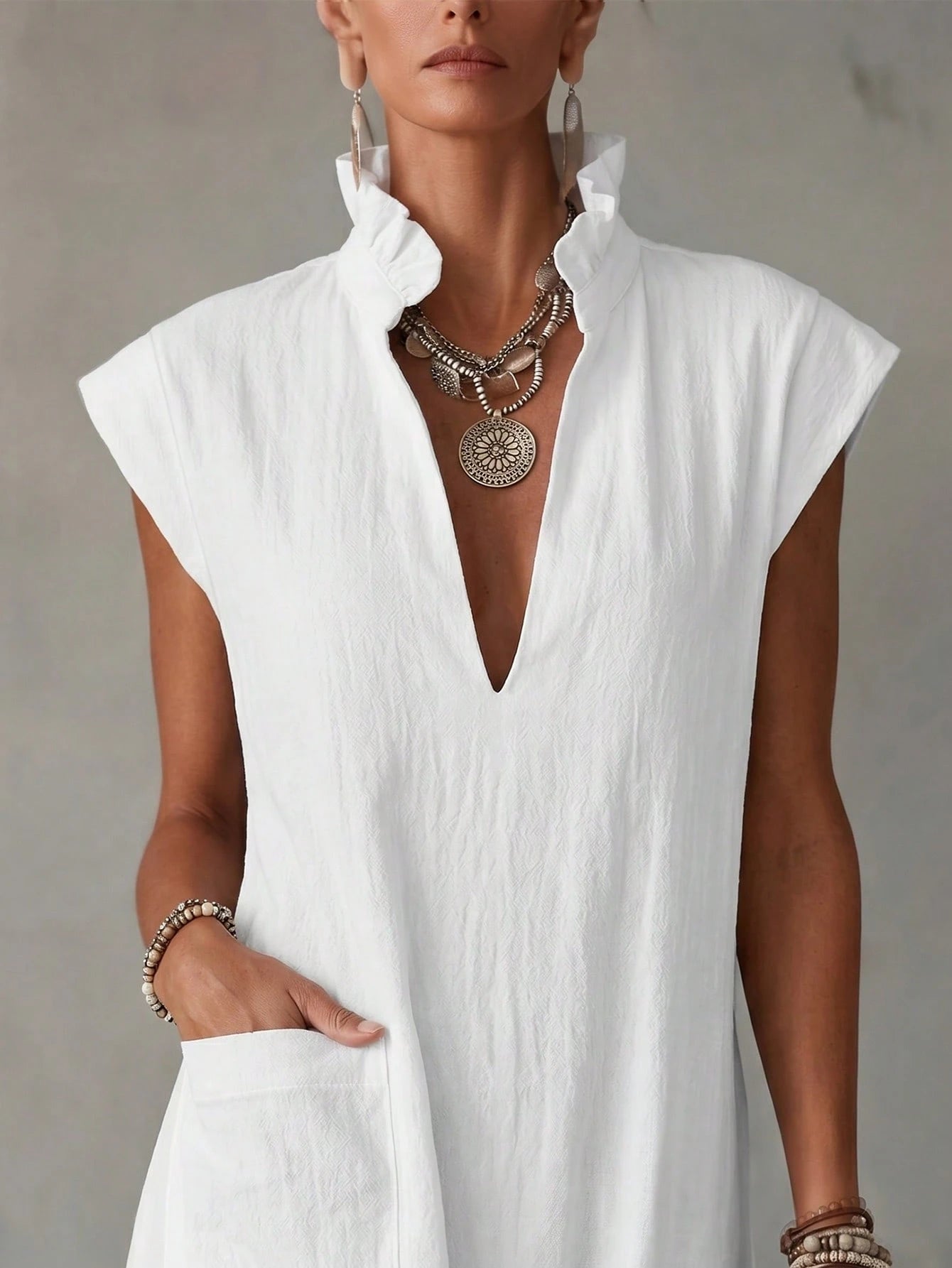 Women's Summer Pure Cotton White V-Neck Bud Collar Long Dress, Elegant Casual Dress, Holiday Vacation Outfit, Beach Cover-Up