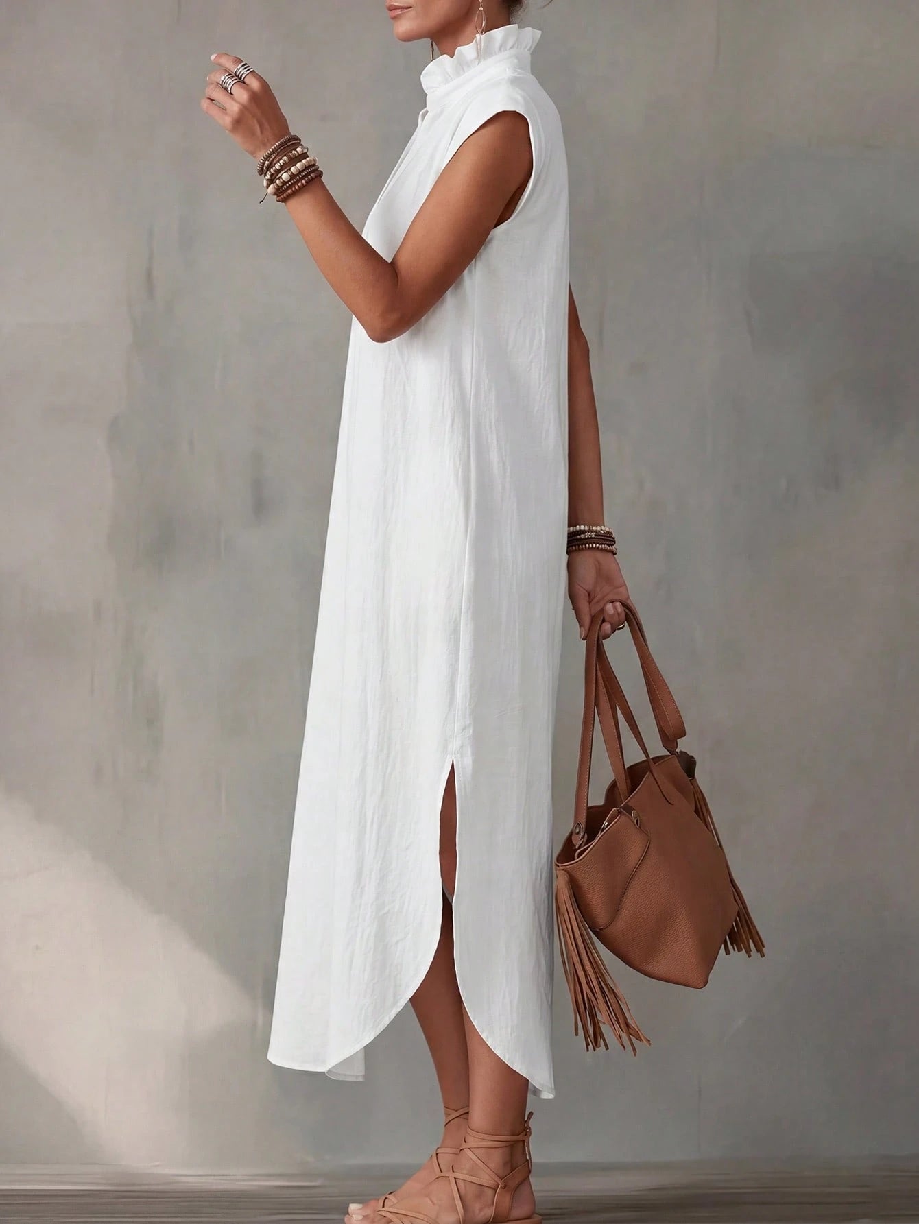 Women's Summer Pure Cotton White V-Neck Bud Collar Long Dress, Elegant Casual Dress, Holiday Vacation Outfit, Beach Cover-Up