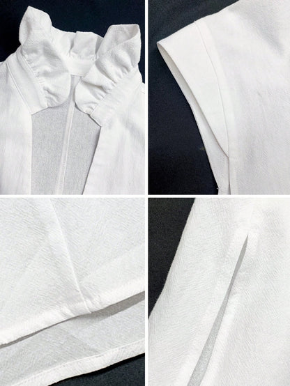 Women's Summer Pure Cotton White V-Neck Bud Collar Long Dress, Elegant Casual Dress, Holiday Vacation Outfit, Beach Cover-Up