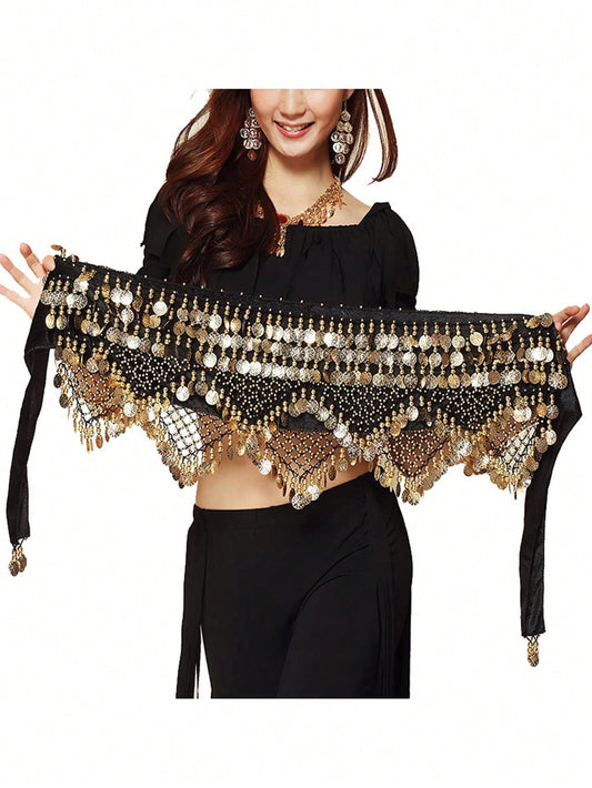 Women's Sweet Belly Dance Hip Scarf, Decorated With Gold Coins, Can Be Wrapped As A Skirt, Makes Noise
