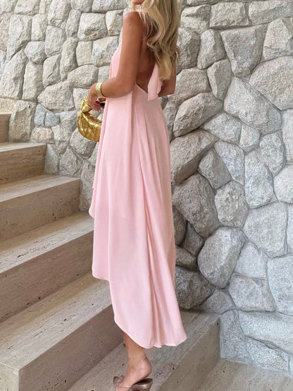 Women's Sweet Romantic Minimalist Dress, Suitable For Vacation And Daily Wear, Youthful And Elegant, Perfect For Valentine's Day Date. Spaghetti Strap, Back Tie, Open Back, Zipper, Asymmetric Hem A-Li