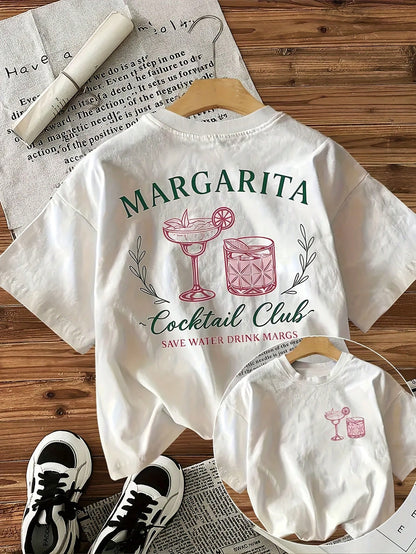 Women's Vintage Cocktail Party T-Shirt- Double-Sided Margarita Print Short Sleeve Top With "Save Water, Drink Margaritas" Crew Neck Casual Wear