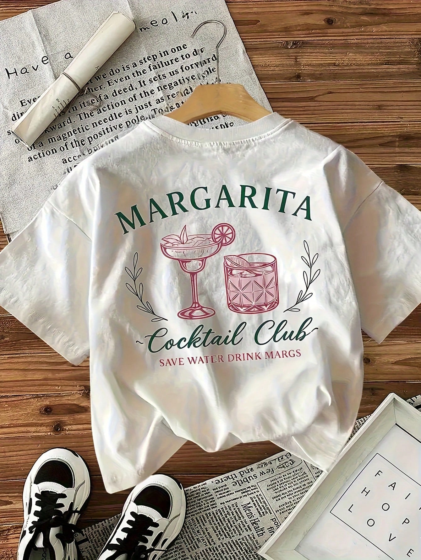 Women's Vintage Cocktail Party T-Shirt- Double-Sided Margarita Print Short Sleeve Top With "Save Water, Drink Margaritas" Crew Neck Casual Wear