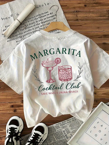 Women's Vintage Cocktail Party T-Shirt- Double-Sided Margarita Print Short Sleeve Top With "Save Water, Drink Margaritas" Crew Neck Casual Wear