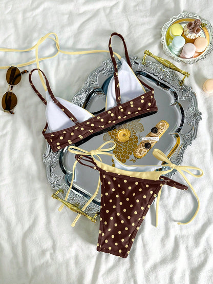 Women's Vintage Yellow & Brown Polka Dot Bikini Swimwear, Vacation, Music Festival, Kentucky Derby Holiday Casual Fashion Swimwear Set Beach Summer, Resort Wear