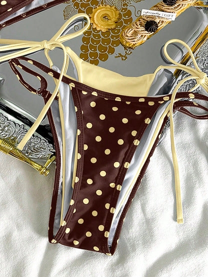 Women's Vintage Yellow & Brown Polka Dot Bikini Swimwear, Vacation, Music Festival, Kentucky Derby Holiday Casual Fashion Swimwear Set Beach Summer, Resort Wear