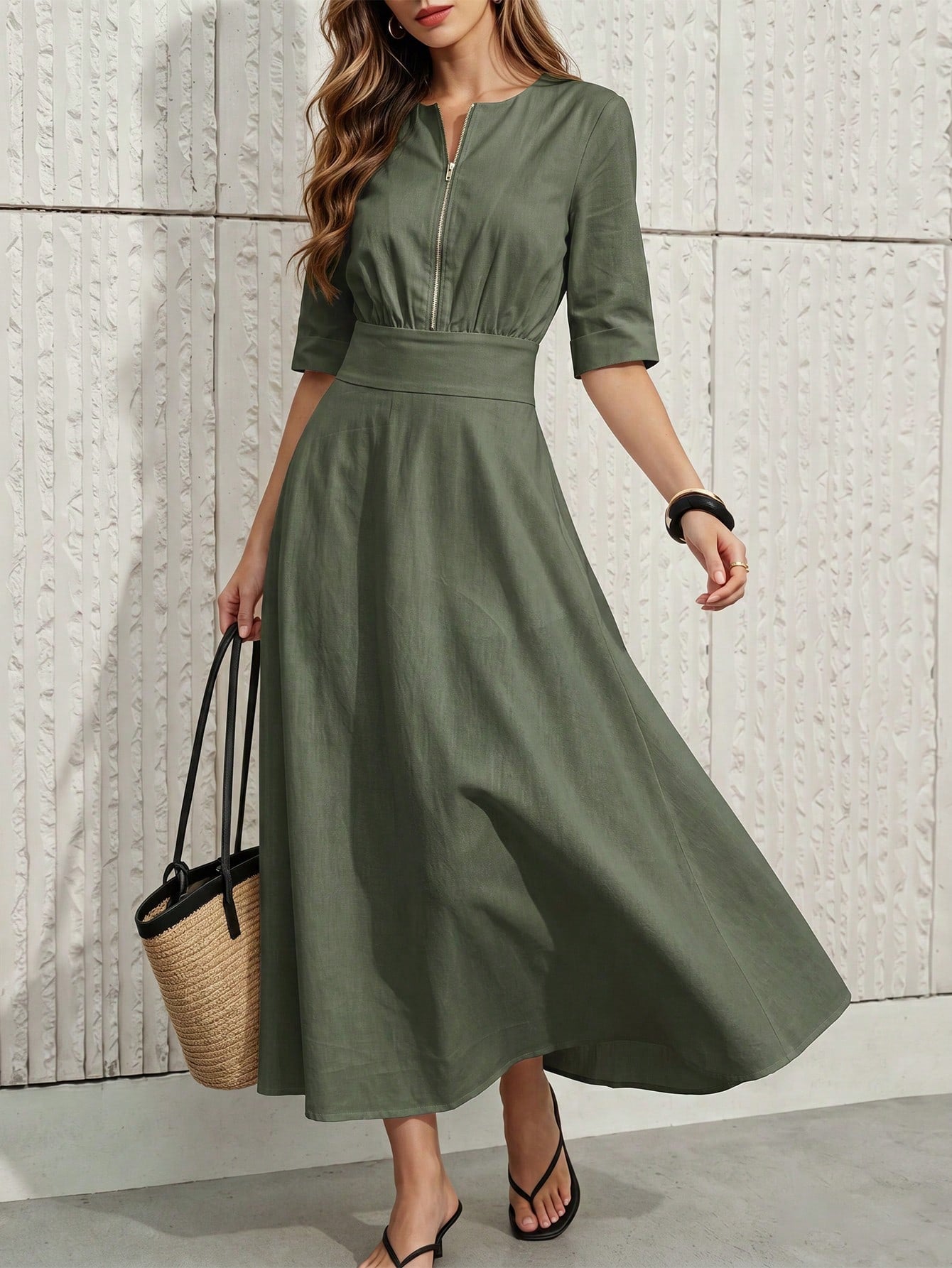 Women's White Front Zipper Mid-Length Dress, 3/4 Sleeve Belted A-Line Casual Commuter Dress Elegant Summer