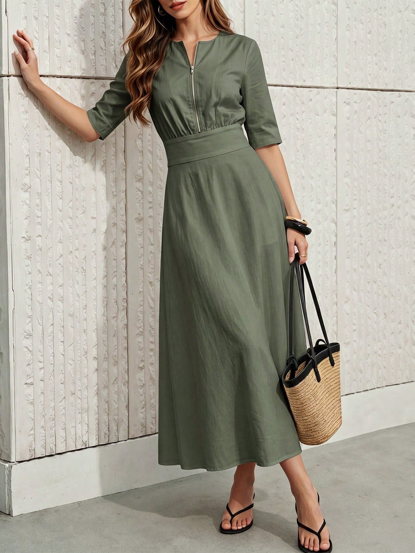 Women's White Front Zipper Mid-Length Dress, 3/4 Sleeve Belted A-Line Casual Commuter Dress Elegant Summer