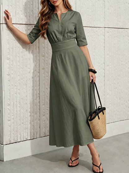 Women's White Front Zipper Mid-Length Dress, 3/4 Sleeve Belted A-Line Casual Commuter Dress Elegant Summer