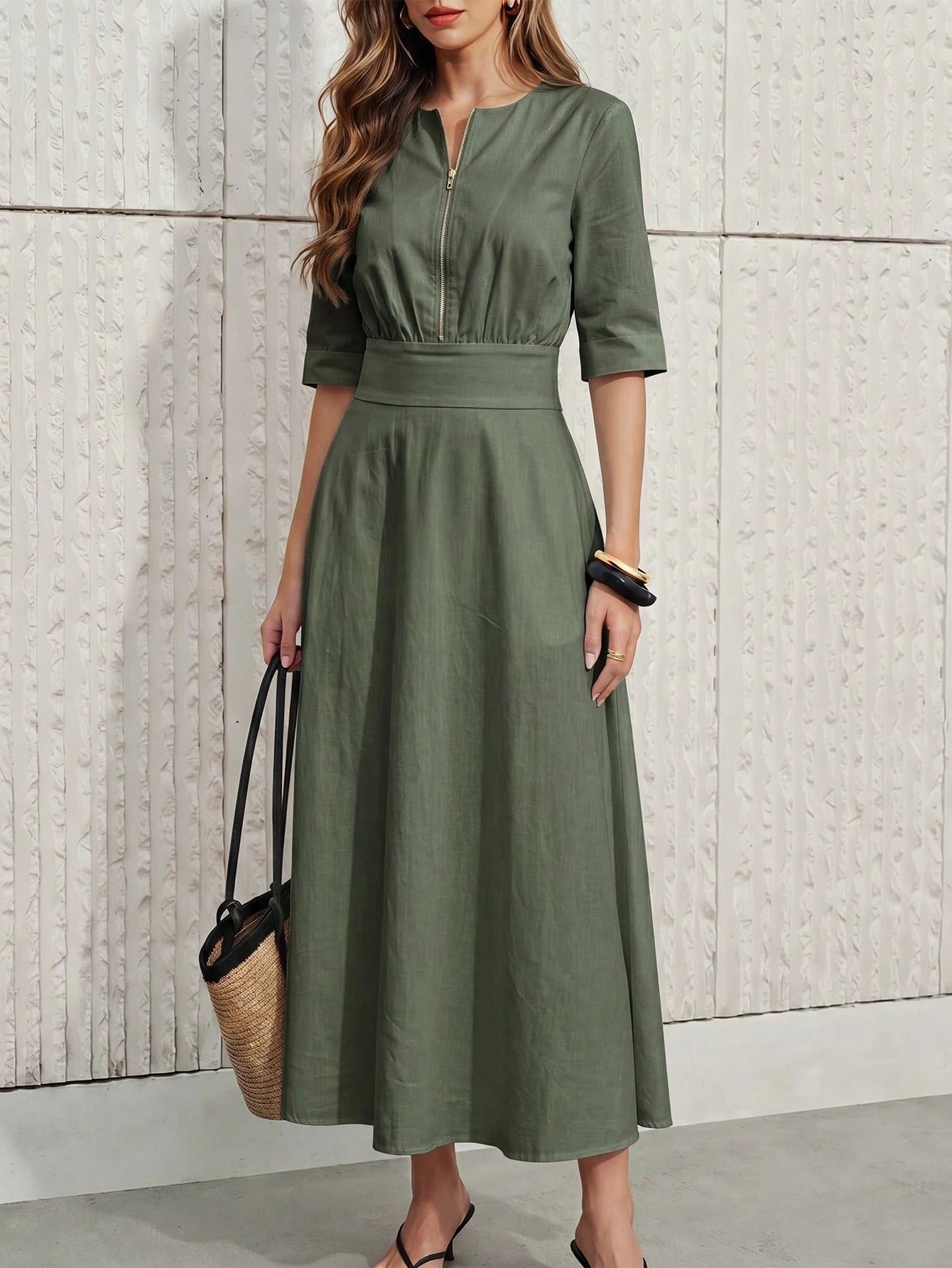 Women's White Front Zipper Mid-Length Dress, 3/4 Sleeve Belted A-Line Casual Commuter Dress Elegant Summer